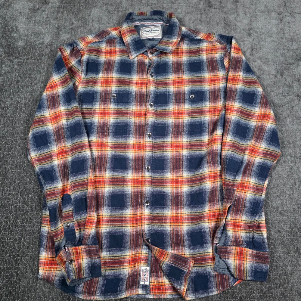 Flag & Anthem Mens Medium Plaid Flannel Button Down Shirt Navy Orange Sleeved